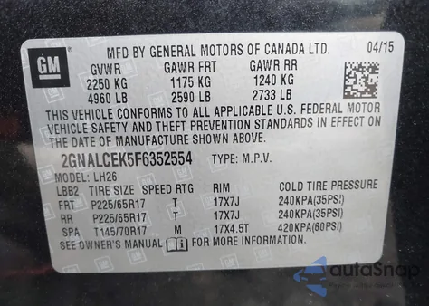2015 Chevrolet Equinox 2Lt from USA, damaged, VIN 2GNALCEK5F6352554